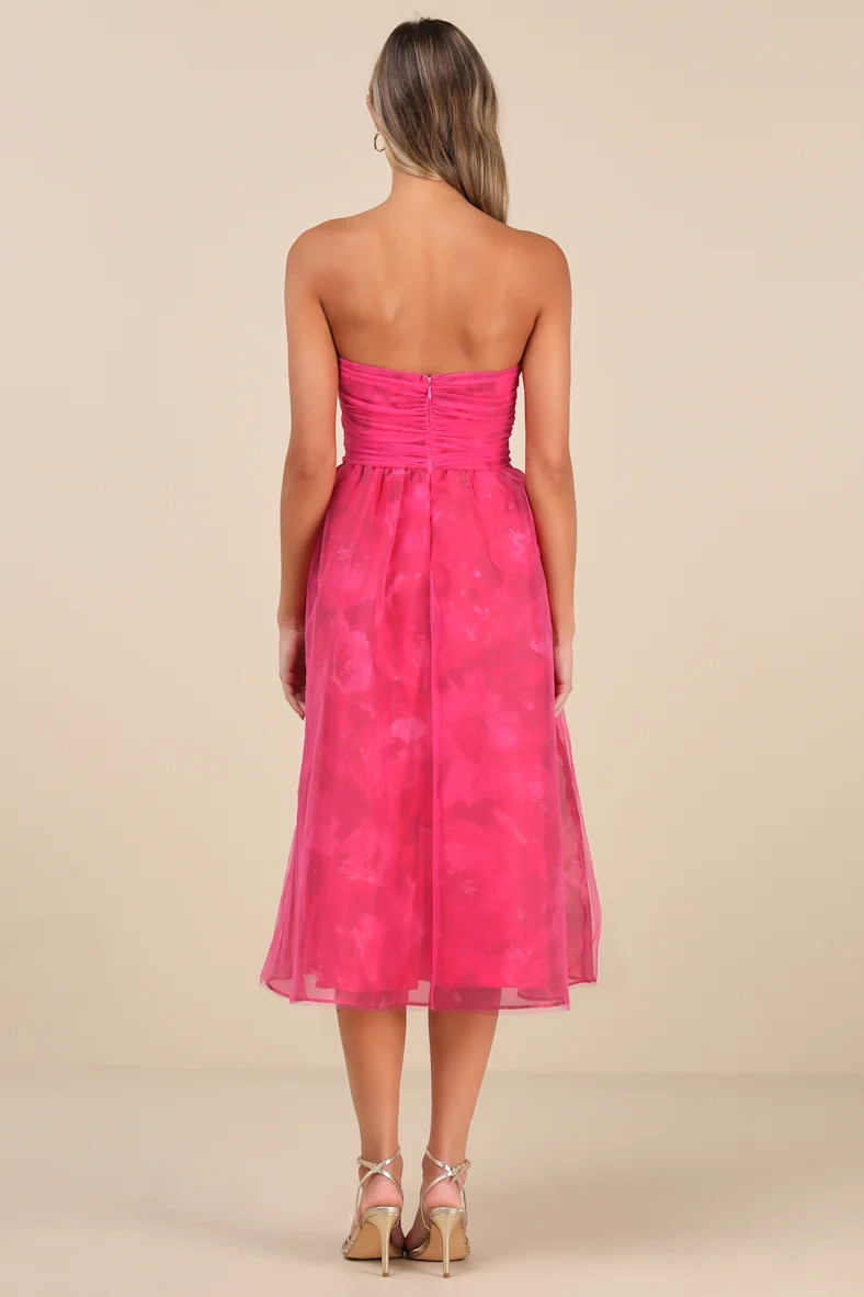 Splendidly Yours Pink Floral Organza Mesh Strapless Midi Dress | Lulus