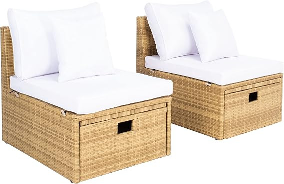 SAFAVIEH Outdoor - Pramla Settee and Ottoman Set - Natural & White - Steel Frame with Cushion - C... | Amazon (US)