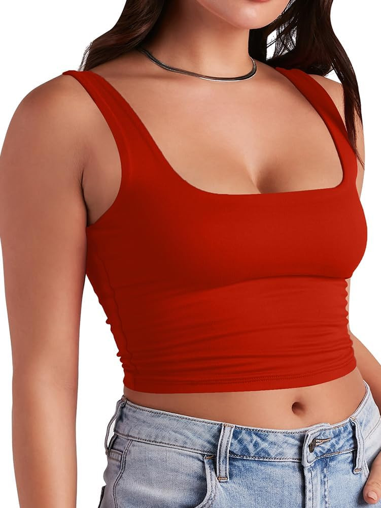 YFANG Women's Sexy Square Neck Double Layer Cropped Top Basic Sleeveless Crop Tank Top | Amazon (US)