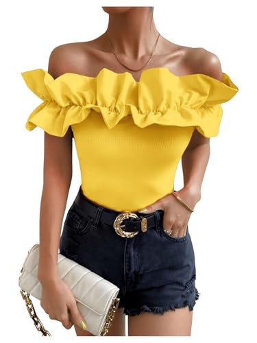 OYOANGLE Women's Ruffle Trim Off Shoulder Short Sleeve Blouse Party Tops Shirt | Amazon (US)