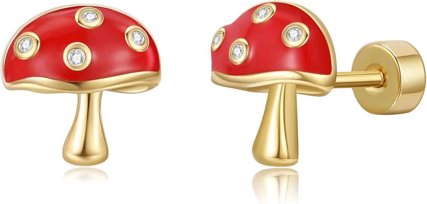 Mushroom Screw Back Earrings for Girls Gold Hypoallergenic Mushroom Crystal Stud Earrings | Amazon (US)