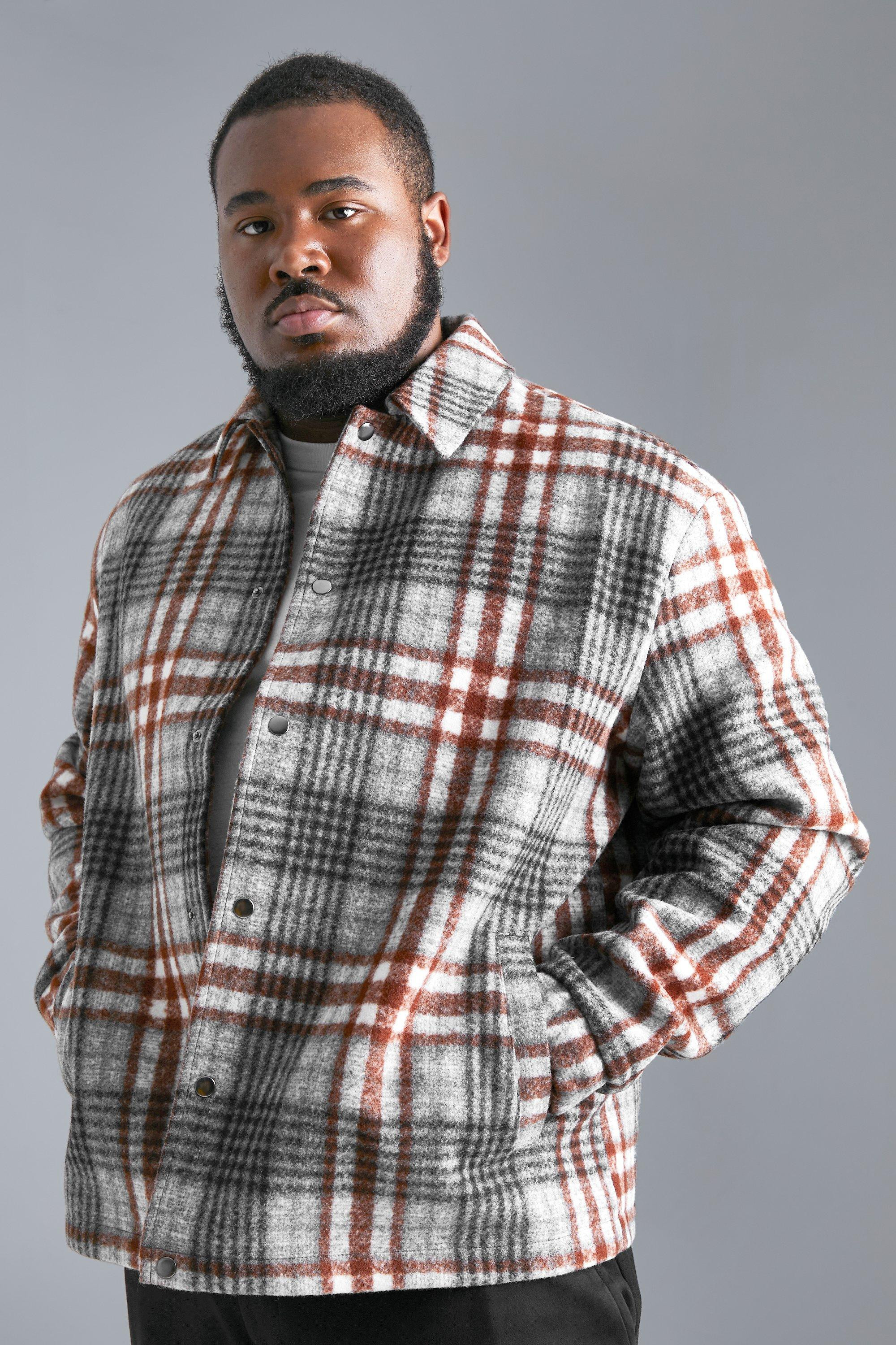 Plus Wool Look Check Coach Jacket | boohooMAN (US & CA)
