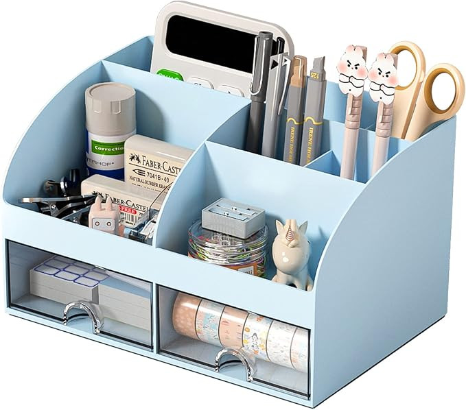 COMFYROOM Desk Organizer with 6 Compartments and 2 Drawers, Plastic Makeup Organizer, Pen Holder ... | Amazon (US)