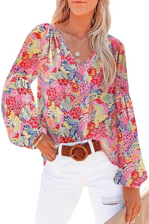 SHEWIN Women's Casual Boho Floral Print V Neck Long Sleeve Loose Blouses Shirts Tops | Amazon (US)