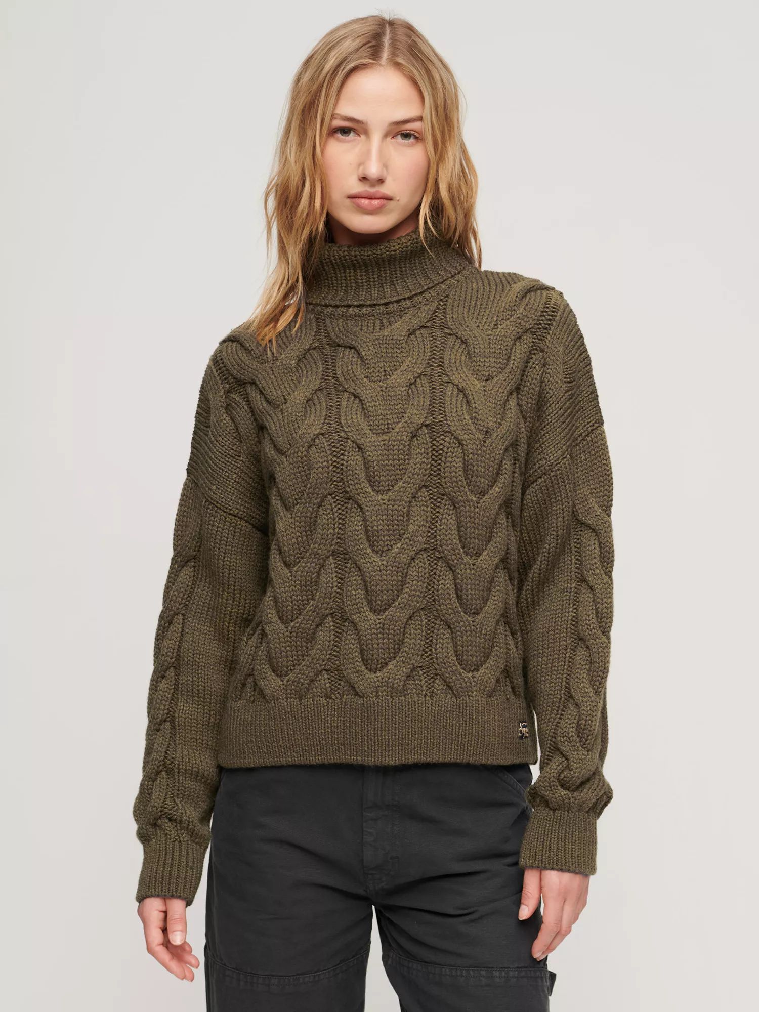 Superdry Wool Blend Chain Cable Knit Polo Jumper, Army Khaki | John Lewis (UK)