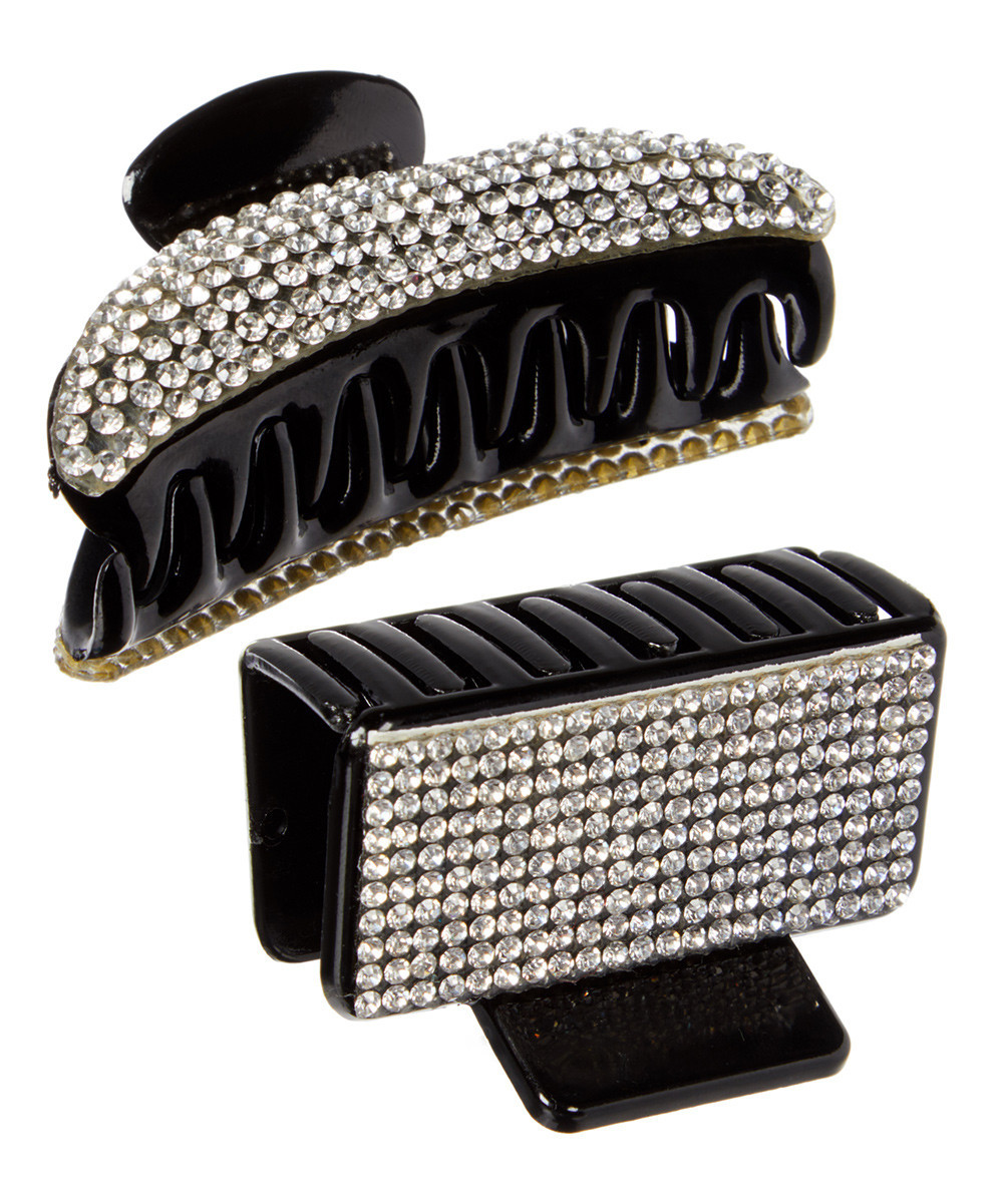 ToBeInStyle Girls' Hair Ties Black - Rhinestone & Black Rectangle & Jaw Clip Set | Zulily