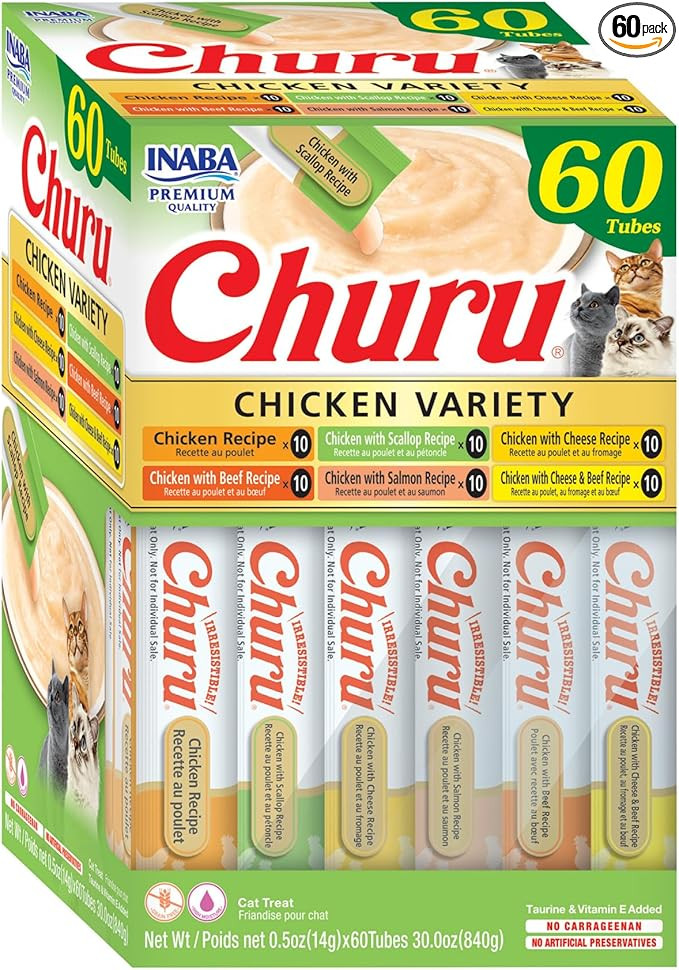 INABA Churu Cat Treats, Grain-Free, Lickable, Squeezable Creamy Purée Cat Treat/Topper, 60 Servi... | Amazon (US)