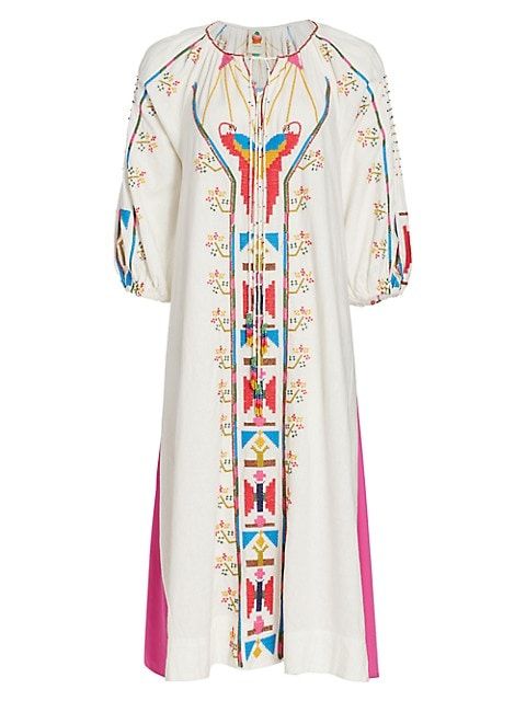 Macaw Embroidered Linen Caftan Midi-Dress | Saks Fifth Avenue