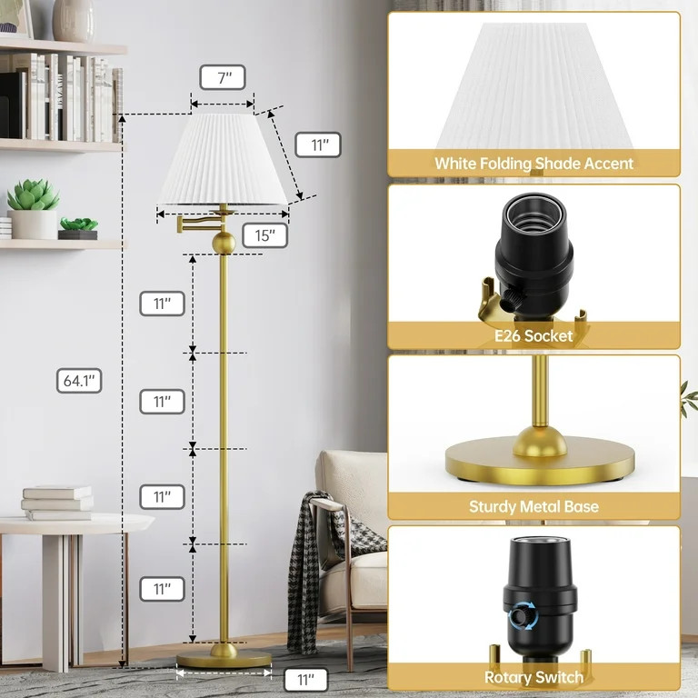 Maxax 64" Traditional Swing Arm Floor Lamp , Gold Antique adjustable Dirction Standing Lamp with ... | Walmart (US)