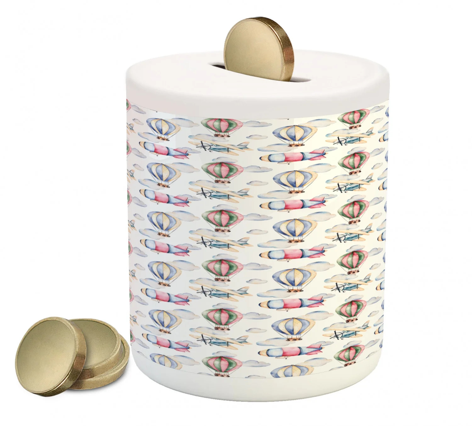 Cartoon Airplane Piggy Bank, Watercolor Style Hot Air Balloons with Aircraft in the Sky Pastel Co... | Walmart (US)