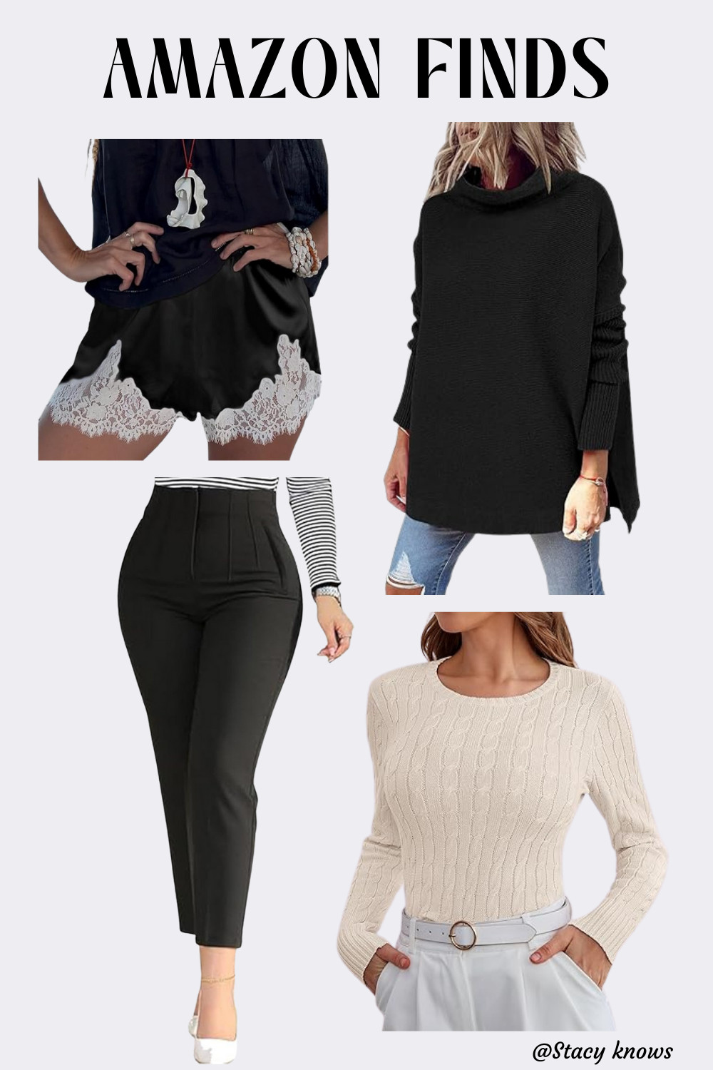 My latest Amazon fashion haul just dropped!  Featuring the coziest oversized long sleeve sweater, super flattering stretchy dress pants for work, a cute everyday knit sweater, and luxurious satin silk boxers (perfect for sleeping!). Shop all the links now! 
#LTKunder50 #AmazonFashion #AmazonFinds #SweaterWeather #OversizedSweater #Workwear #DressPants #Knitwear #SatinShorts #FashionHaul #AffordableStyle #LTKstyletip 

 #LTKGiftGuide #LTKHoliday #LTKootd