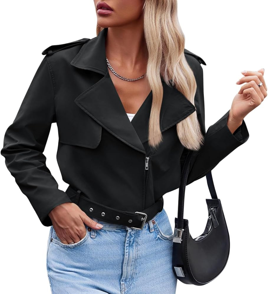 Cicy Bell Womens Cropped Trench Coat Zip Up Lapel Long Sleeve Casual Work Short Jacket Outerwear | Amazon (US)