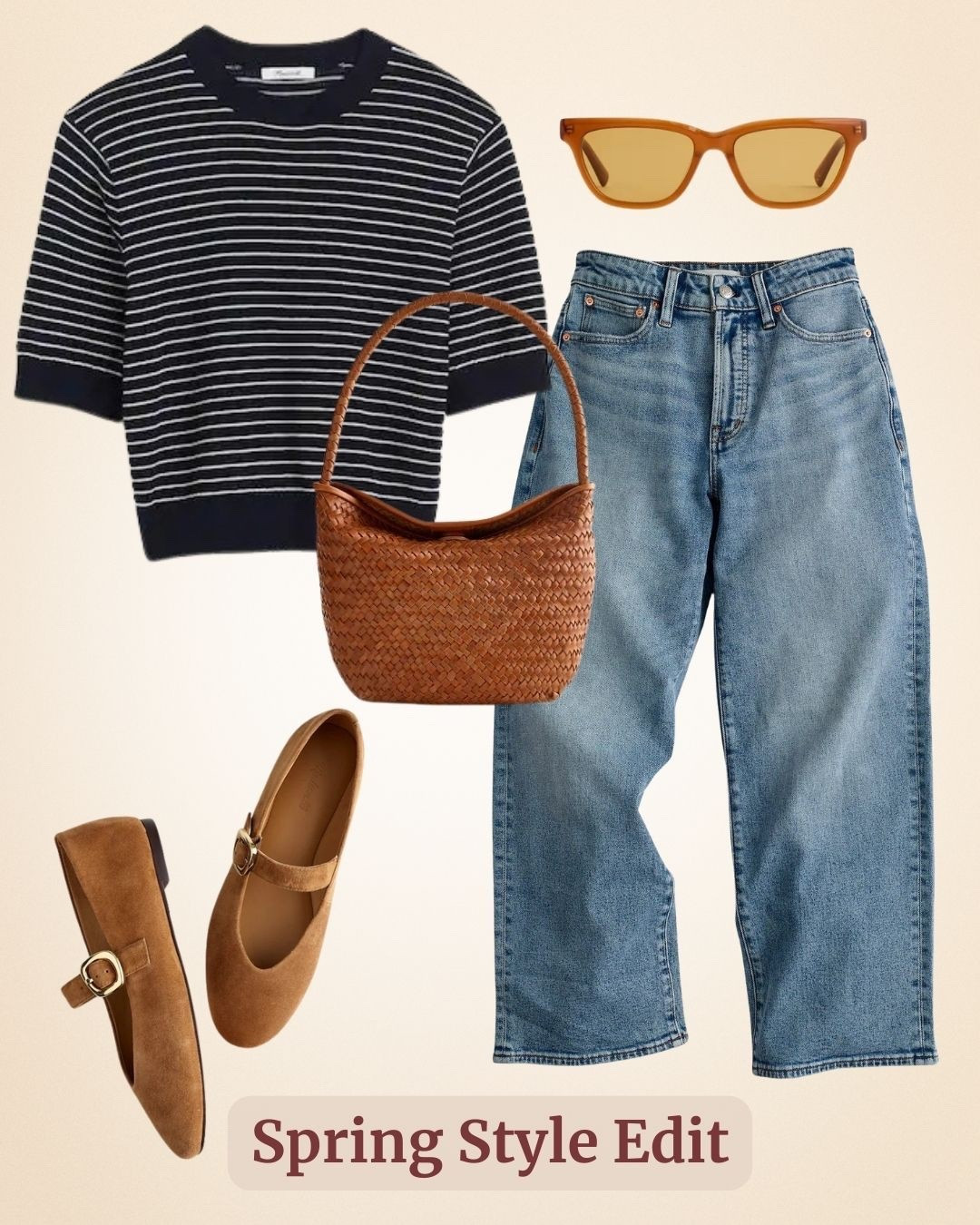Madewell insiders 25% off! Spring style wardrobe edit - vintage short sleeve crewneck sweater, cropped wide leg jeans, paired with accessories- woven shoulder bag, Mary Jane shoes, and sunglasses. Effortless style and ready to go! 

#LTKPetite #LTKOver40