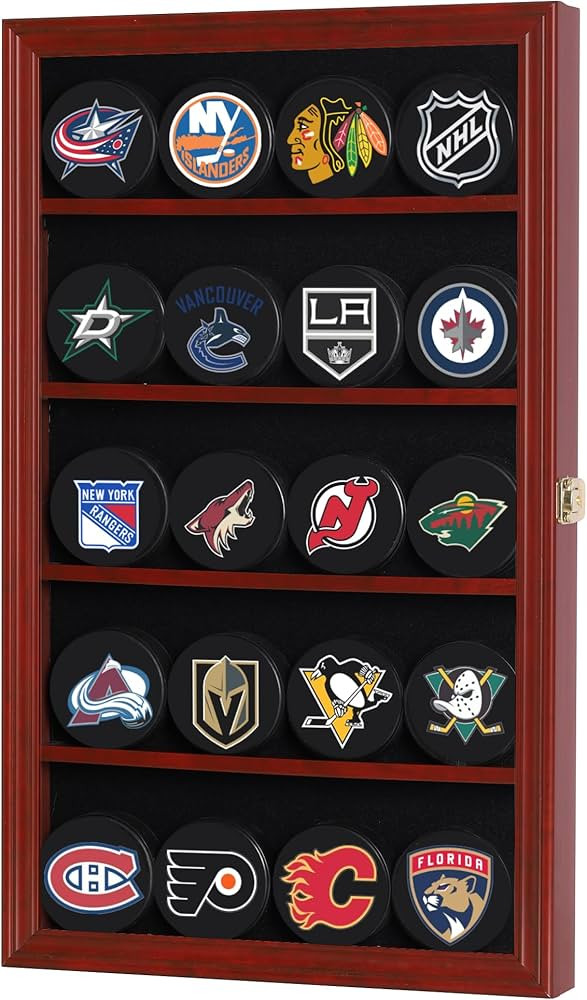 20 Hockey Puck Display Case Cabinet Holder Wall Rack 98% UV Protection (Mahogany Finish) | Amazon (CA)