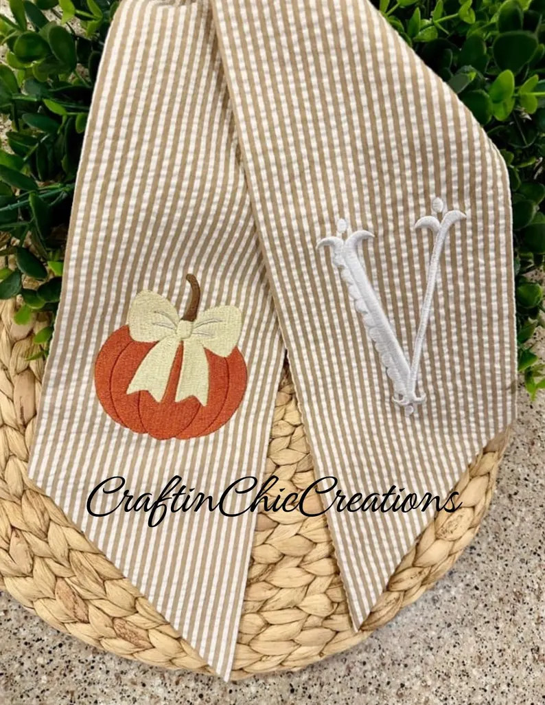 Khaki Striped Seersucker Wreath Sash: Holiday Decor, Embroidery Blank, Fall Sash, Pumpkin Monogra... | Etsy (US)
