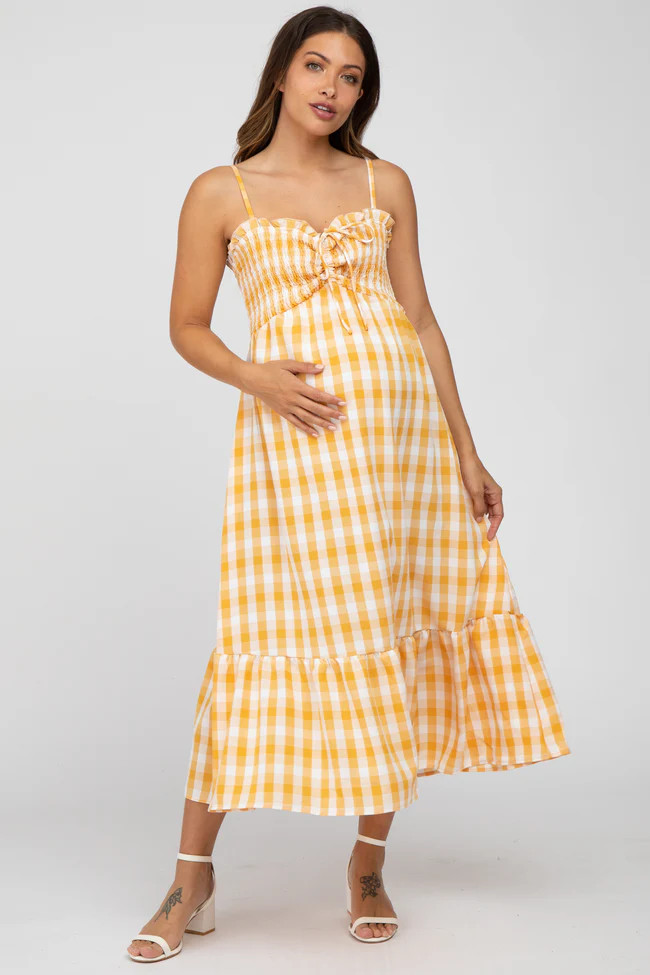 Yellow Plaid Smocked Maternity Midi Dress | PinkBlush Maternity