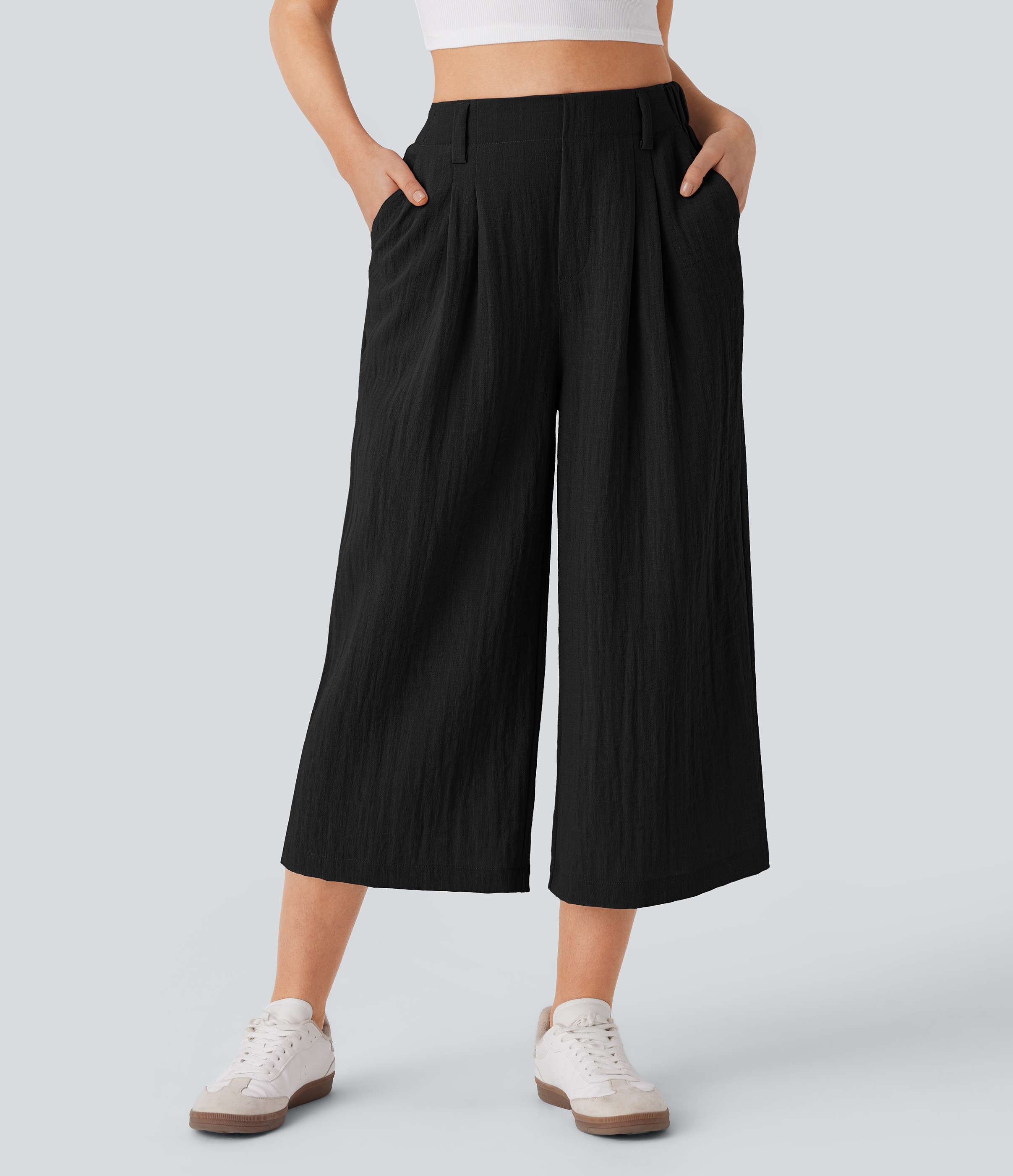 Halara High Waisted Pocket Wide Leg Flowy Solid Palazzo Capri Casual Linen-Feel Pants - Black - S(regular) sweatpants jogger pants | HALARA