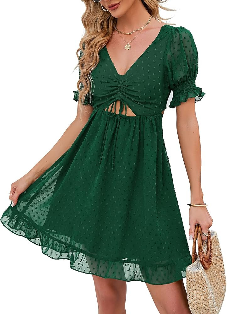 Women's V Neck Short Sleeve Ruffle Mini Dress Cutout Tie Back Summer Swiss Dot Flowy Smocked Wias... | Amazon (US)