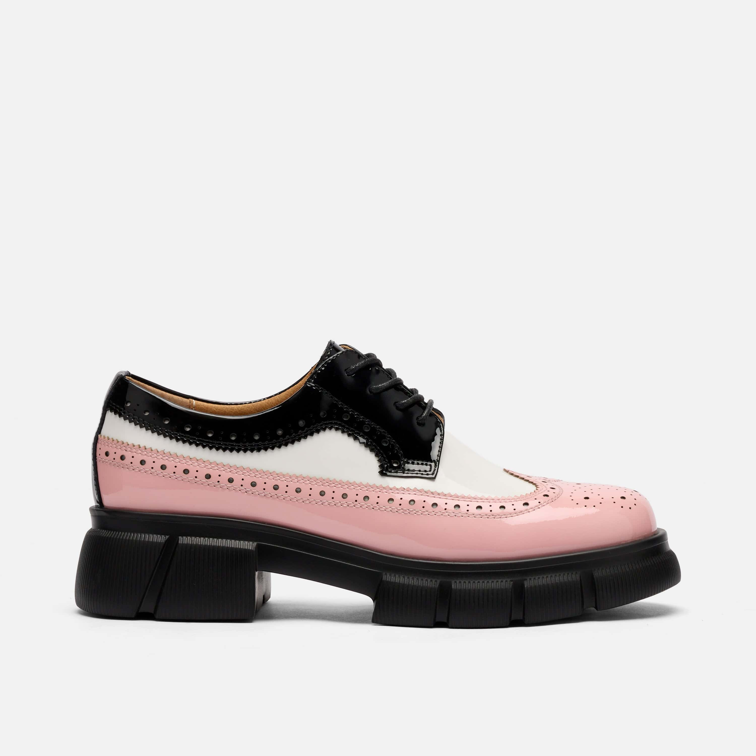 Ms. Alexander Black/White/Pink Patent Leather Lug Wingtip Derby | Marc Nolan