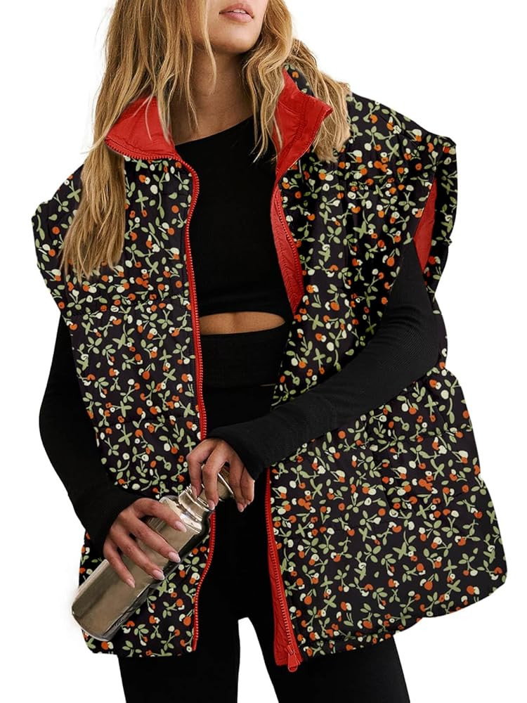 Tankaneo Womens Floral Oversized Puffer Vest Cap Sleeve Winter Warm Puffy Quilted Jackets Coat | Amazon (US)