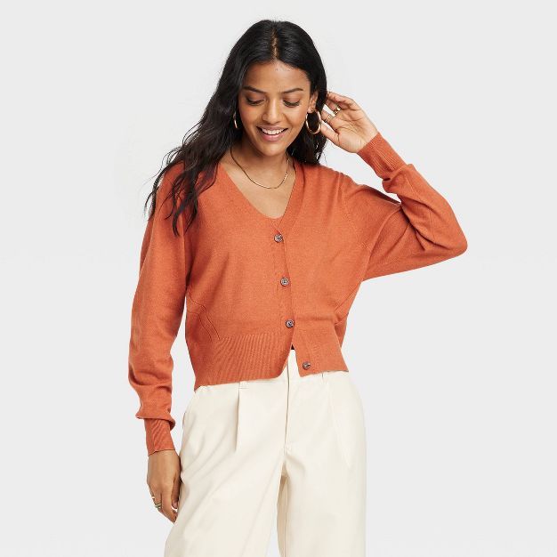 Women&#39;s Fine Gauge Ribbed Cardigan - A New Day&#8482; Rust L | Target