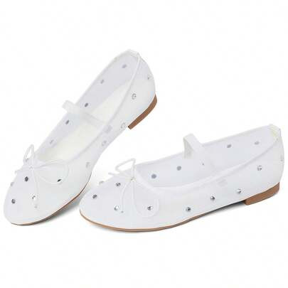 Rhinestone Mesh Ballet Shoes Crystal Embellished Flat Bow Shoes For Women Mary Janes Round Toe Dress Walking Shoes | SHEIN