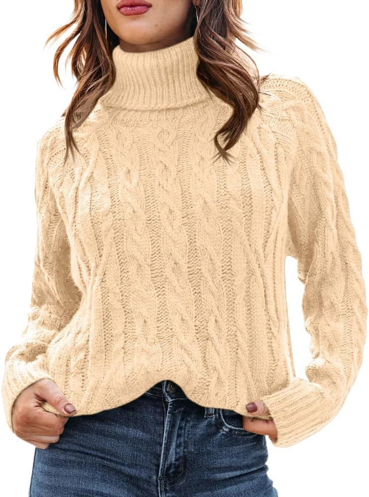 Qsllina Womens Turtleneck Long Sleeve Pullover Sweaters Cable Knit Chunky Casual Soft Comfy Sweat... | Amazon (US)