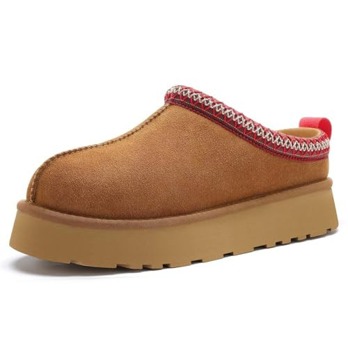 HOWILIM Genuine Suede Platform Slippers for Women Fuzzy Winter Warm Shoes Indoor Outdoor | Amazon (US)