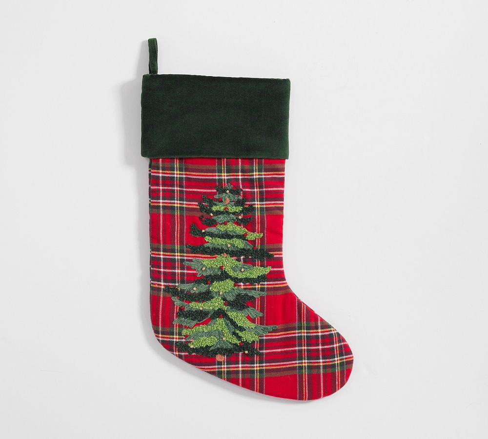 Embroidered Christmas Tree Plaid Stocking | Pottery Barn (US)