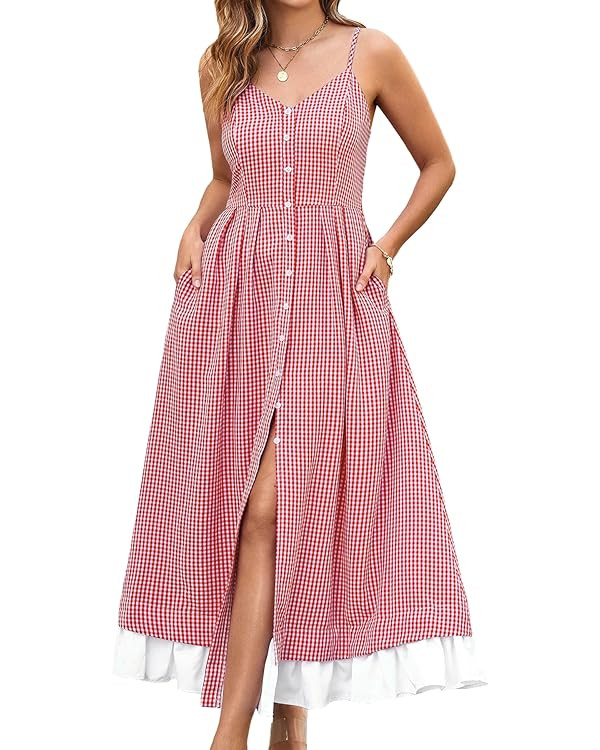 Angashion Women's Dresses-Summer Floral Bohemian Spaghetti Strap Button Down Swing Midi Dress | Amazon (US)