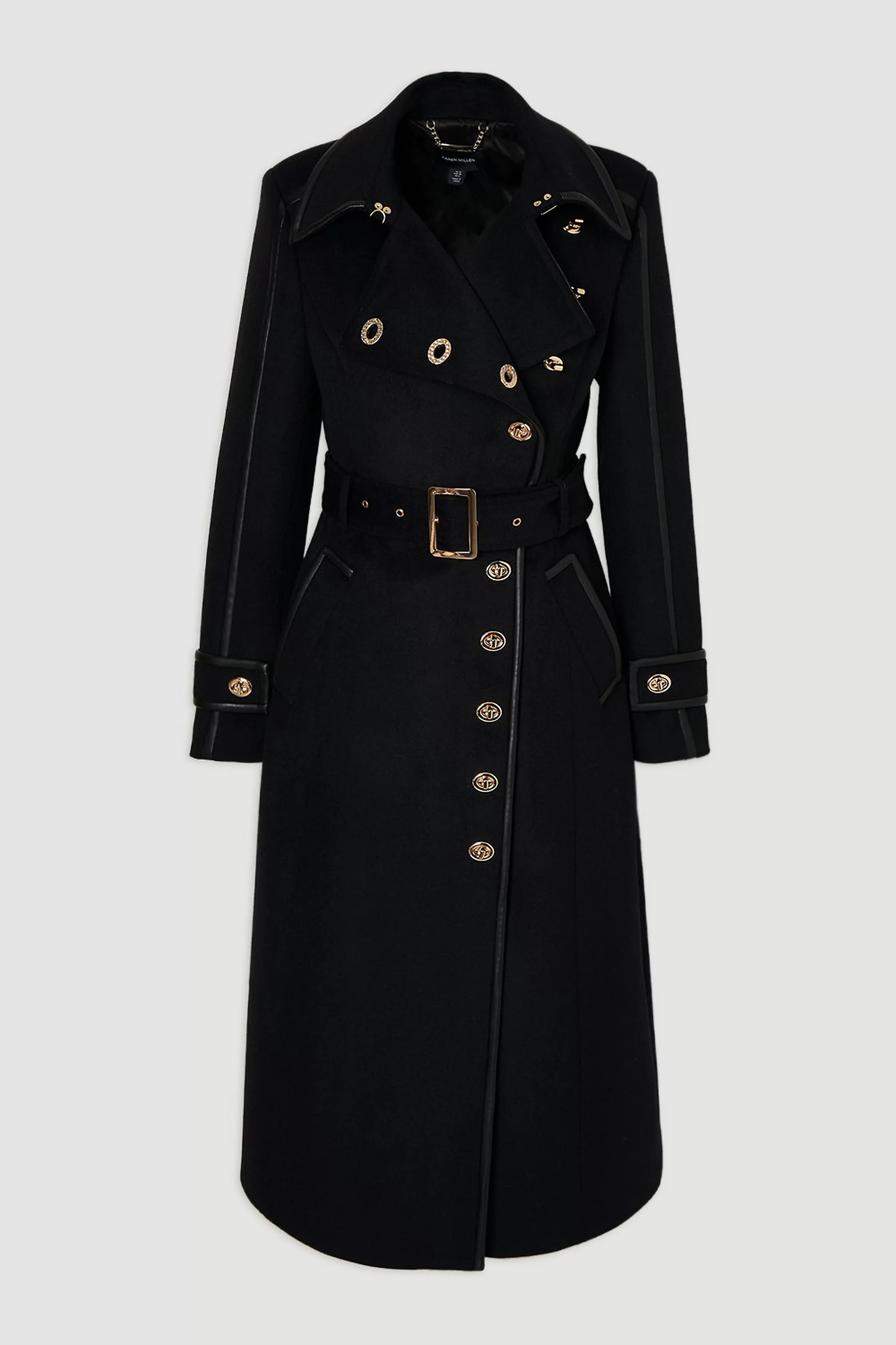 Brushed Wool Pu Mix Gold Trim Belted Midi Coat | Karen Millen UK + IE + DE + NL