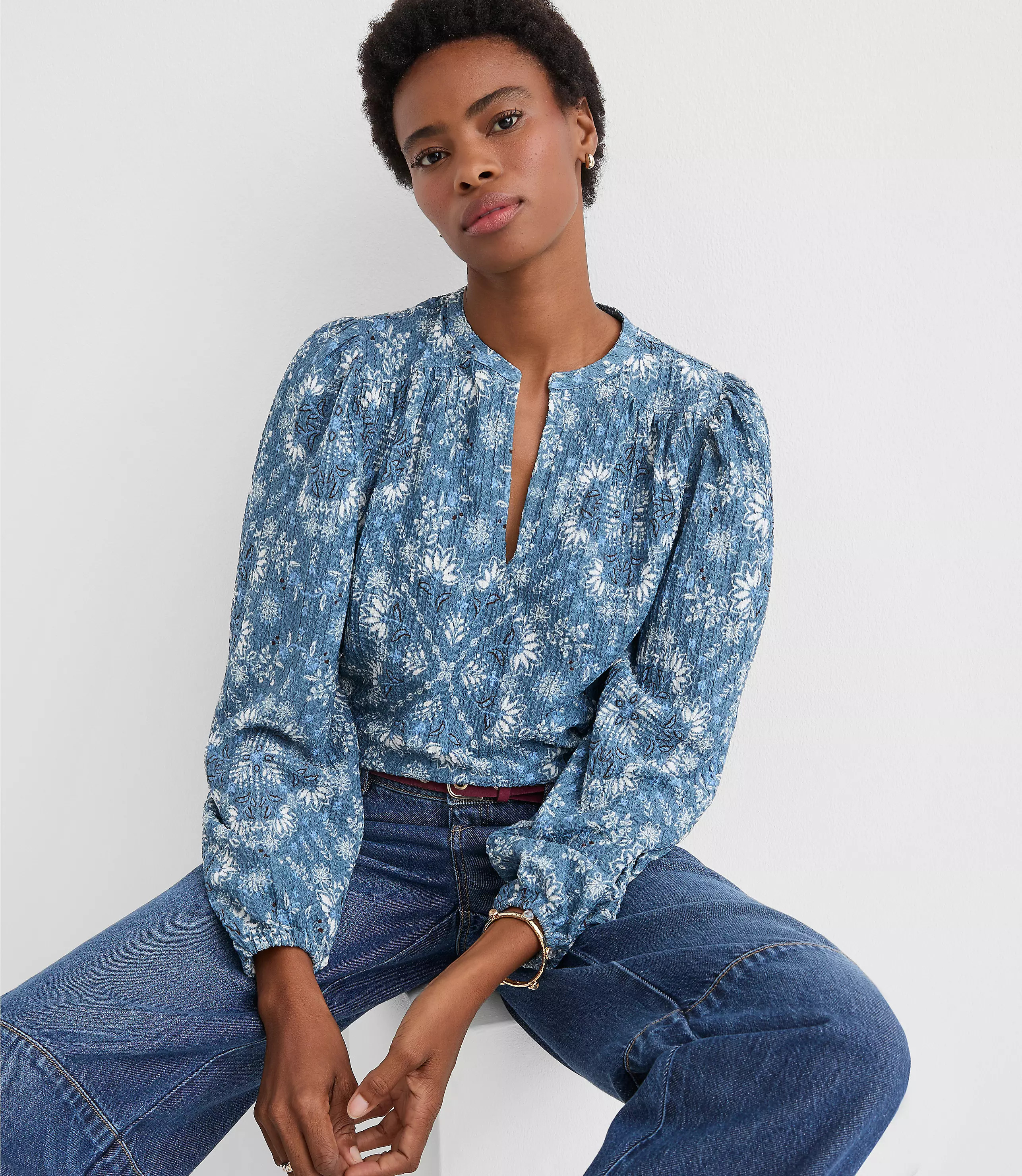 Floral Crinkle Knit Split Neck Blouse | LOFT