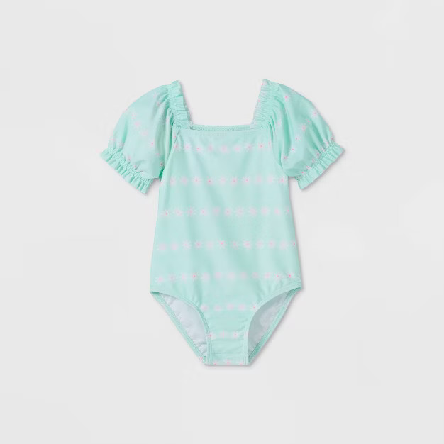 Toddler Girls' Daisy Print Puff Sleeve One Piece Swimsuit - Cat & Jack™ Turquoise Blue | Target