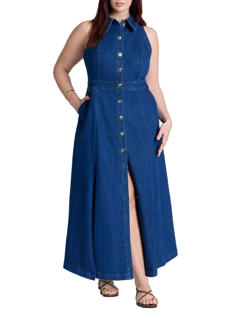 ELOQUII Women's Plus Size Sleeveless Denim Midi Dress | Walmart (US)