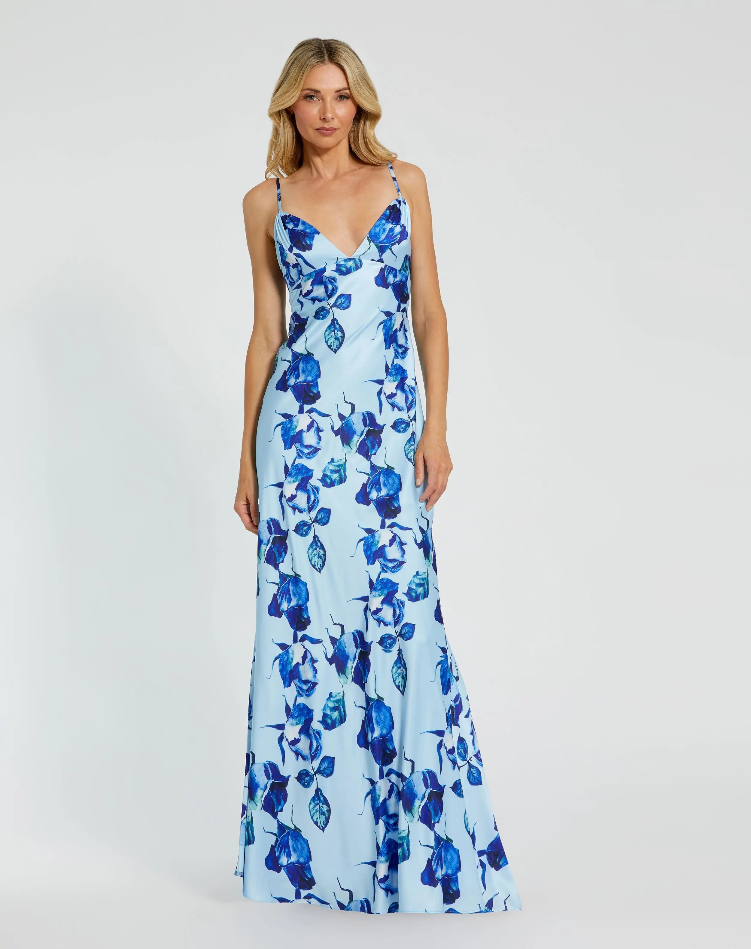 Blue Floral Print Cami Slip Gown | Mac Duggal