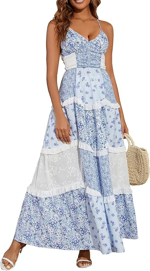 Women Floral Maxi Dress Spaghetti Straps V Neck Lace Patchwork Flowy Tiered Wedding Guest Long Dr... | Amazon (US)