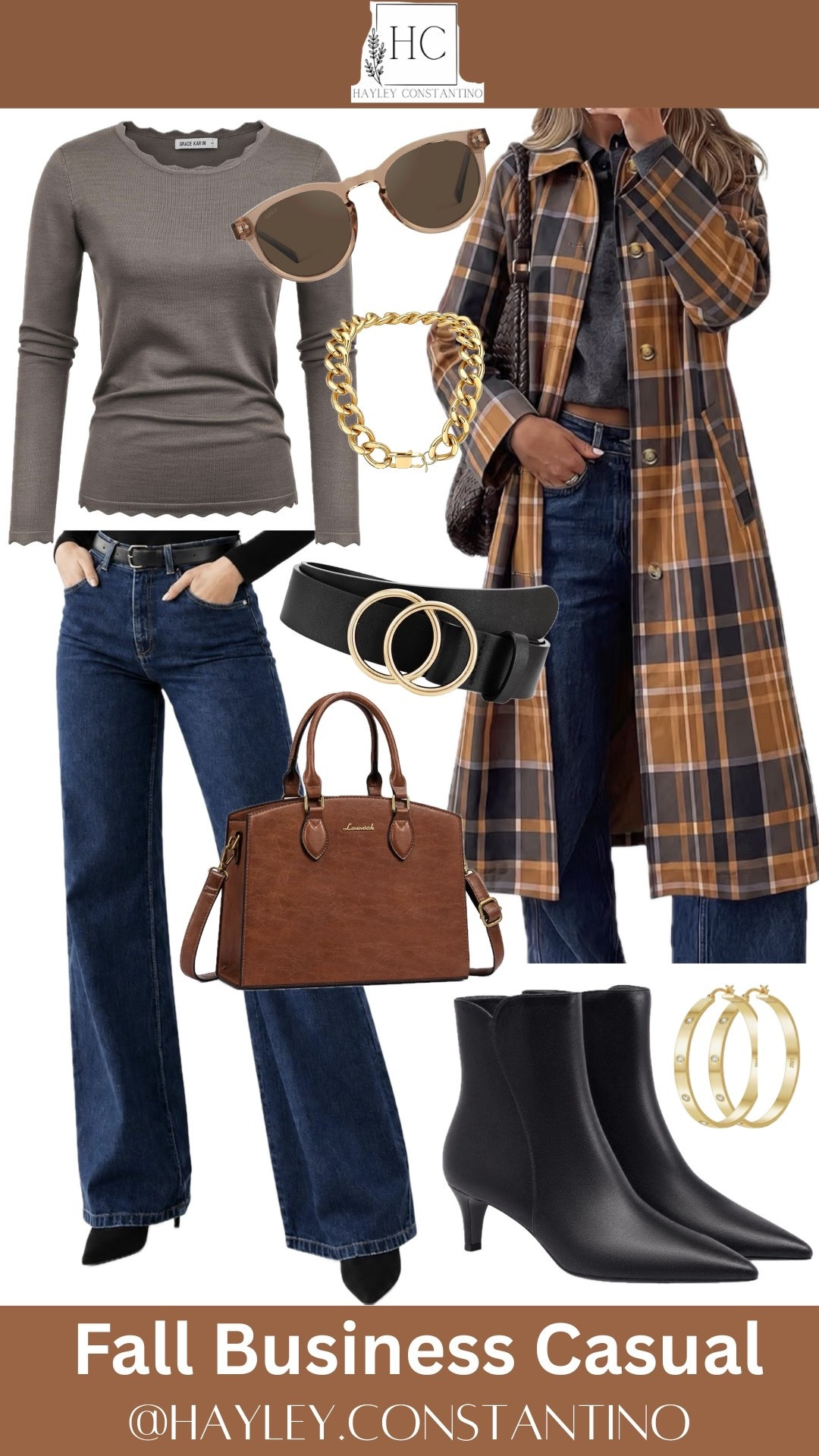 🍂 Fall Business Casual Elevated
This outfit is the perfect polished-meets-cozy fall uniform! Think effortless office style with a little autumn attitude—a fitted charcoal-gray ribbed top layered under a gorgeous camel, black, and chocolate plaid duster. Pair it with dark-wash wide-leg jeans, a sleek black belt with a statement gold buckle, and pointed-toe black ankle boots for that pulled-together finish.
The accessories take it from simple to seriously styled: oversized tortoise sunglasses, chunky gold chain jewelry, classic gold hoops, and a structured cognac handbag bring in those warm fall tones while keeping everything sophisticated. 🍁🤎
Where to Wear It
✨ Office or casual Friday
☕ Coffee meetings & client lunches
🍎 Fall conferences or work events
🥂 Happy hour straight from the office
🎃 Autumn networking events
🛍️ Weekend shopping, brunch, or a winery day
Why You’ll Love It
The magic is in the mix of structure and comfort. The plaid duster instantly makes jeans feel elevated, while the fitted top balances the volume of the coat. The neutral palette makes every piece incredibly easy to mix and match with your existing fall wardrobe—and those cognac, black, gray, and gold accents give it that rich pumpkin-spice-season sophistication.
It’s the kind of outfit that says “I have a meeting at 10, wine at 5, and I’m dressed for both.” 🍂☕🥂
