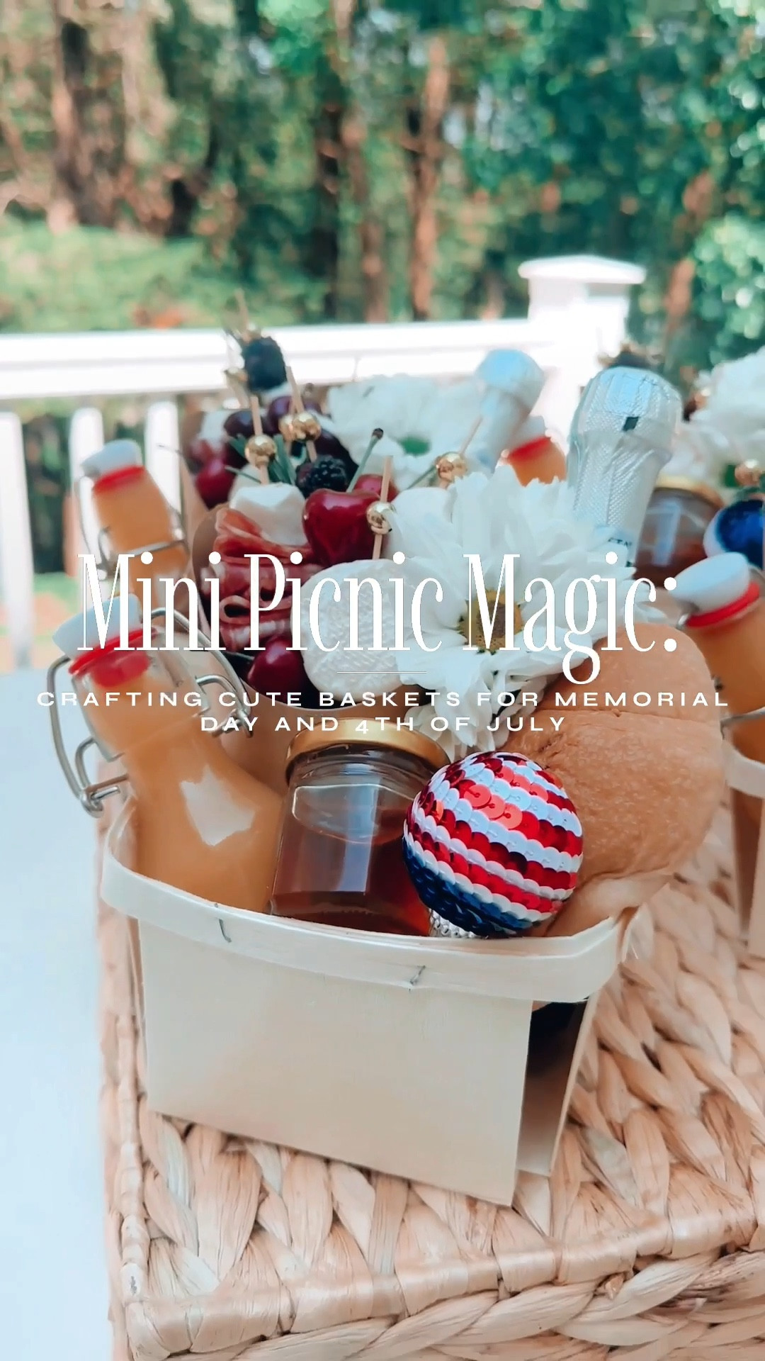 Hey there, lovely people! So, check it out—I've whipped up these adorable mini picnic baskets with a patriotic twist, perfect for rocking out on Memorial Day or getting your party on for the 4th of July. Oh, and fun fact, the 4th of July happens to be my birthday too! 🇺🇸
Now, let's dive into how these awesome baskets come together. First up, we're talking about crafting a super easy charcuterie cup. Think walnuts at the bottom for that extra stability vibe, topped with three jumbo marshmallows to hold those skewers in place like champs.
Next, it's all about the skewers. We're talking fruit skewers bursting with freshness, caprese skewers bringing that Italian flair, and an epic combination of mozzarella and salame (or as my Italian pals say, 'salame' with a little extra pizzazz on the 'e'). These skewers are like bite-sized pieces of heaven, trust me.
But wait, there's more! We pop our charcuterie cup into a cute basket, alongside a bottle of bubbly prosecco and a mini bottle of tangy orange juice for those brunch vibes. Plus, there's a jar of golden honey for a sweet touch and a chocolate croissant for that extra indulgence.
And because we're all about those Instagram-worthy moments, we sprinkle some daisies around the basket and add a patriotic bauble for that extra pop of fun.
Boom! You've got yourself personalized picnic perfection! Catch you later, and remember to keep shining bright! ✨✨

#LTKHome #LTKSeasonal #LTKParties