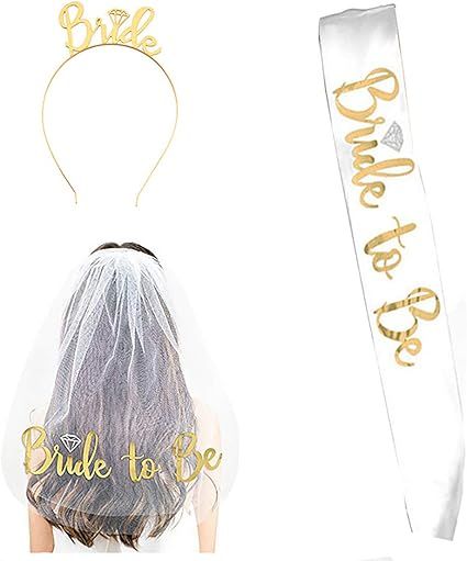 Bride to Be Set, 3pack Bride to Be Sash & Headband Tiara & Shoulder Length Veil Bachelorette Part... | Amazon (US)