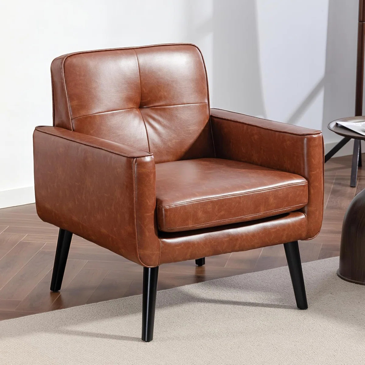 Mid Century Accent Chair, PU Leather Modern Chair with Wooden Frame, Cozy Armchair Reading Chair ... | Wayfair North America