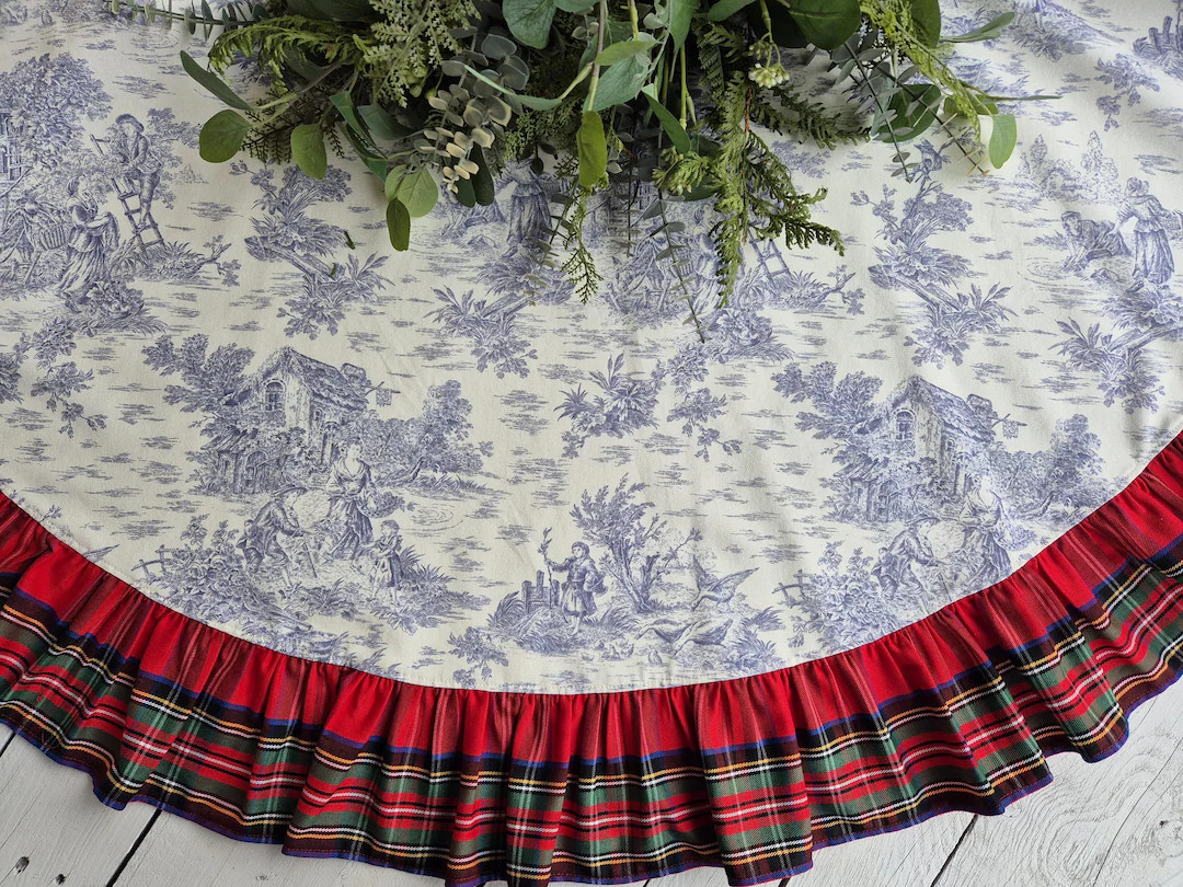 Blue Toile Tree Skirt With Plaid Trim, Chinoicery Tree Skirtr, Blue Christmas, French Country Chr... | Etsy (US)