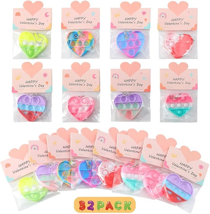 32 Pack Valentines Day Gifts for Kids - Valentines Cards with Mini Heart Pop Fidget Toys Bulk - V... | Amazon (US)