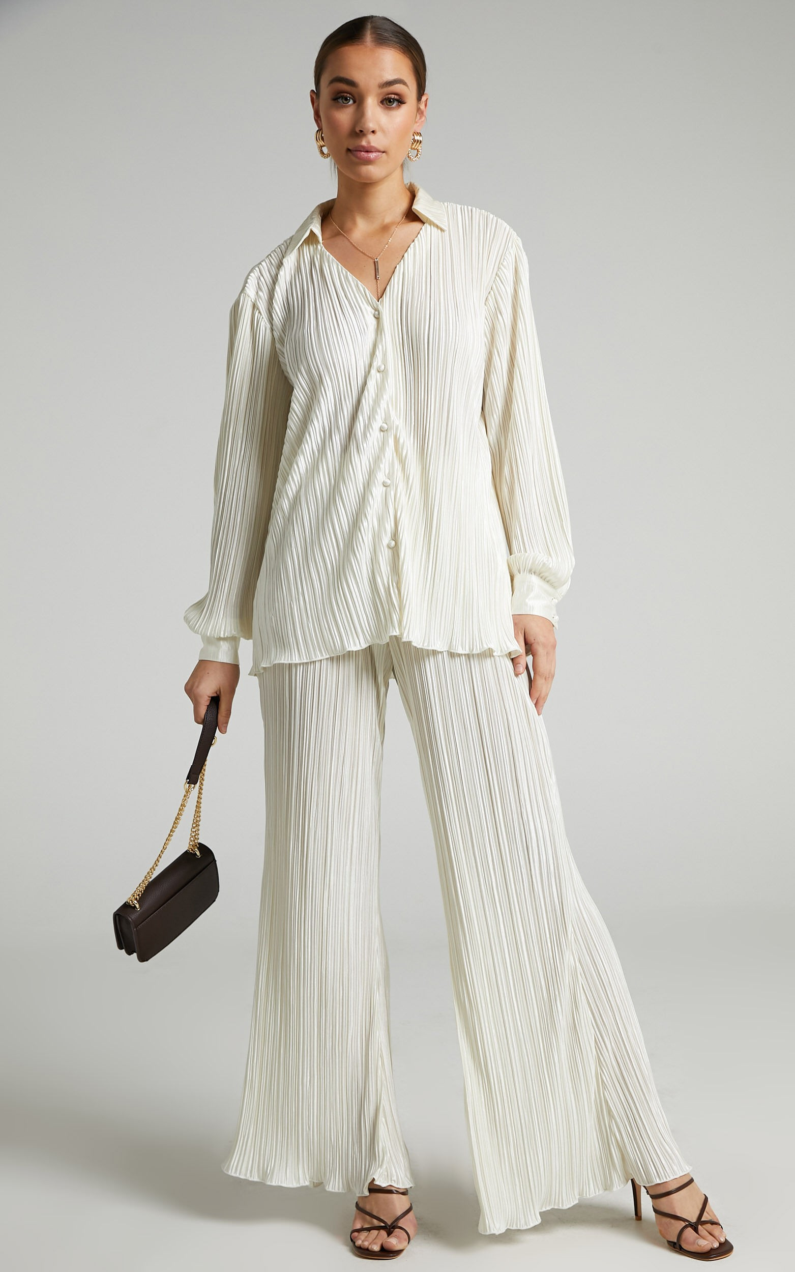 Beca Plisse Flared Pants in Cream | Showpo (US, UK & Europe)