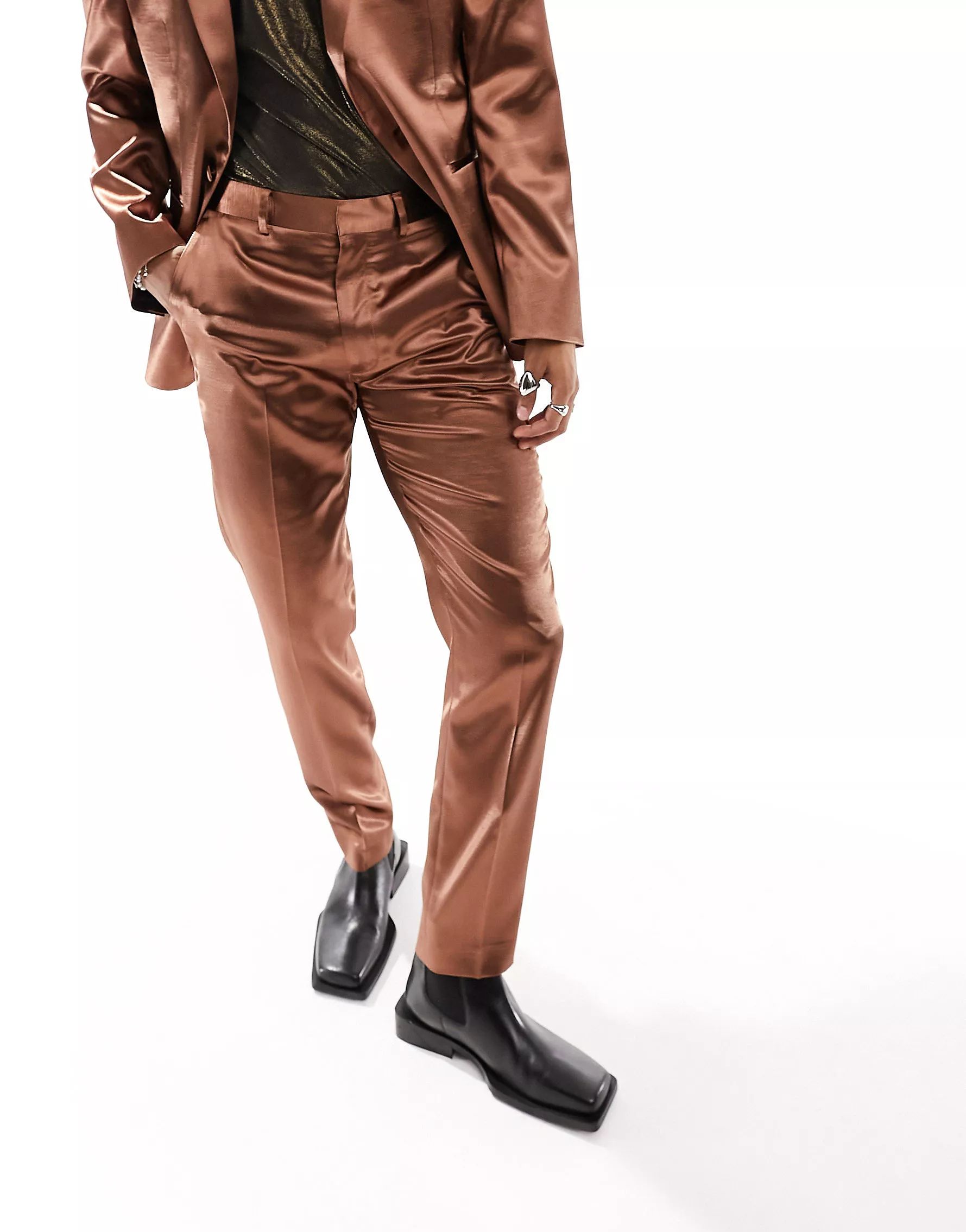 ASOS DESIGN skinny suit pants in gold satin | ASOS | ASOS (Global)