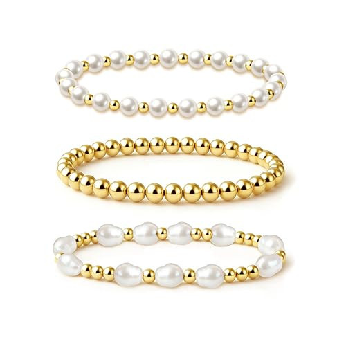 Zeffy Gold Beaded Bracelets for Women Dainty Baroque Pearl Stackable14K Gold Plated Stretch Bead Ball Bracelet Set Trendy Jewelry Gifts 3pcs | Amazon (US)