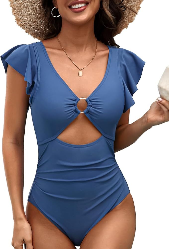 SOCIALA Ruffle One Piece Swimsuit Women O-Ring Cutout Bathing Suit Sexy Monokini Swimwear S-XL | Amazon (US)