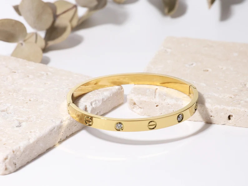 Gold Plated Stainless Steel Love Bracelet Dainty Bangle | Etsy | Etsy (US)