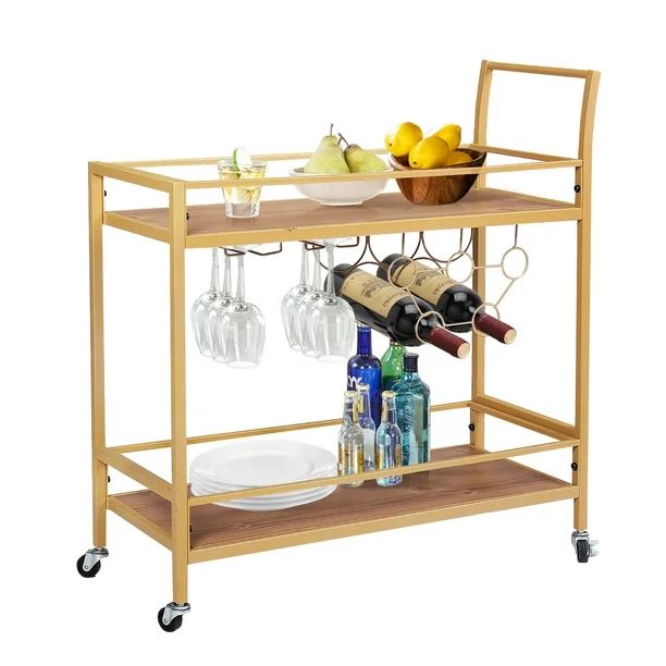Bar Cart for Home, KINGSO Gold Bar Carts with Wine Rack On Wheels Lockable with Glass Holder Kitc... | Walmart (US)