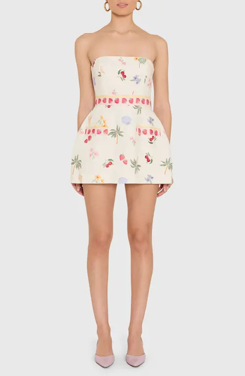 Amanda Uprichard Bethany Strapless Linen Blend Romper in Boardwalk Print at Nordstrom, Size Medium | Nordstrom