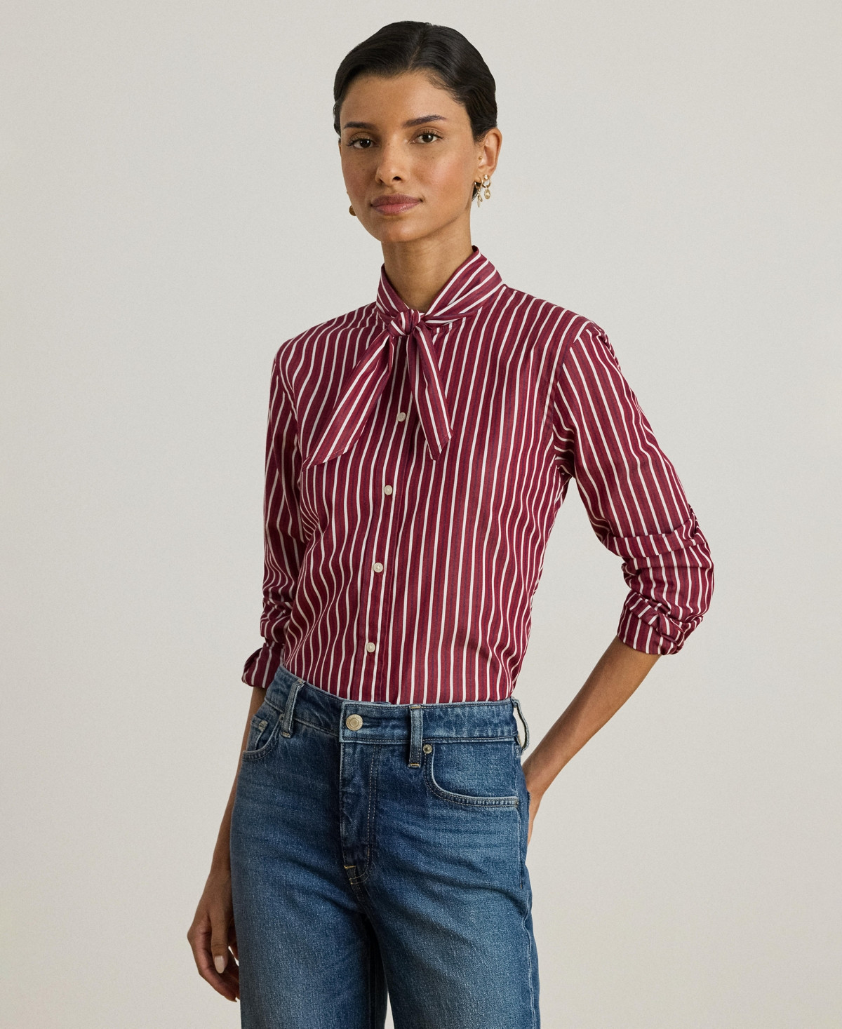 Lauren Ralph Lauren Women's Striped Broadcloth Tie-Neck Shirt - Burgandy/white Multi | Macy's